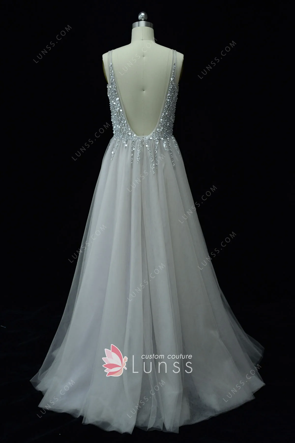 Pearled Plunging V Neckline Gray Tulle 