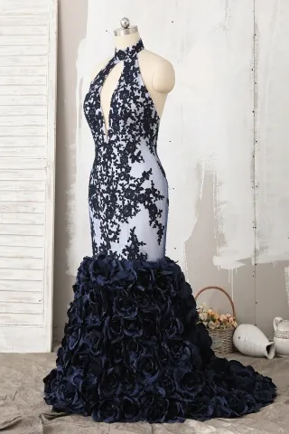 dark navy lace 3d rosette prom dress