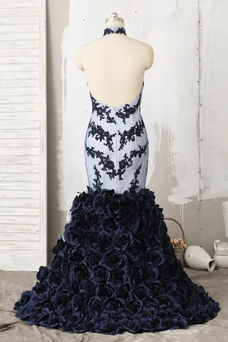 dark navy lace and 3D rose African American prom dress