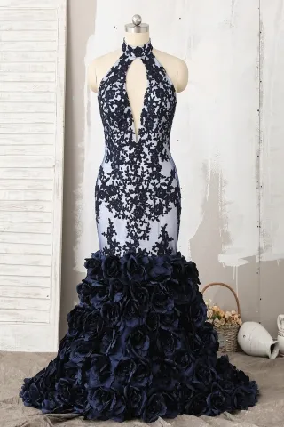 dark navy lace appliqued 3d rosette trumpet prom dress