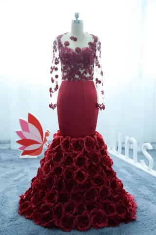 Luxury Burgundy Lace and satin sheer Long Sleeve Mermaid Rosy Train Prom Dress