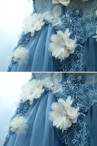 3D floral blue A line long prom dress