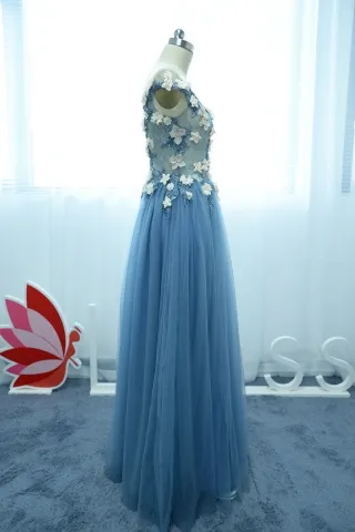 3D floral blue tulle cap sleeve A line long prom dress