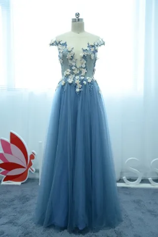 3d floral cap sleeve blue tulle a line long prom dress
