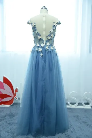 fairytale 3D floral blue tulle cap sleeve dress