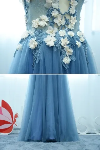 fairytale 3D floral blue tulle dress