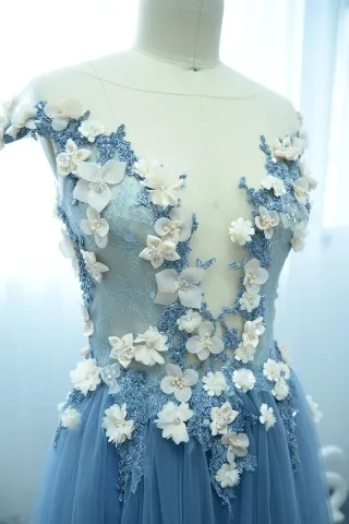 fairytale 3D floral embellished blue tulle prom dress