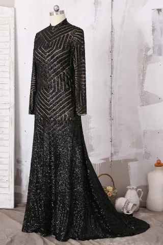 black sequin long sleeve high neck dress