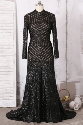 black sequin long sleeve high neck mermaid prom dress