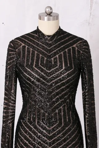 high neckline long sleeve black striped sequin dress