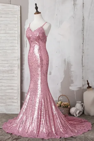 lace appliqued pink sequin prom dress