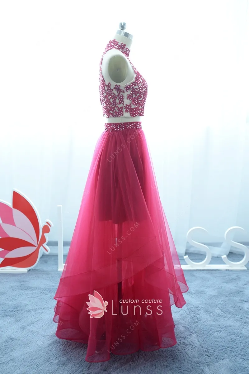 Beaded Fuchsia Lace Sheer Tulle Two-piece Prom Dress - Lunss