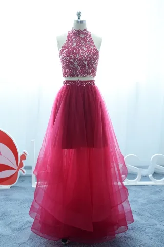 beaded fuchsia lace sheer tulle two piece prom dress