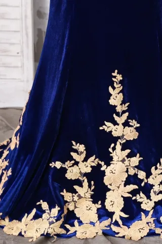 gold lace appliqued royal blue velvet dress