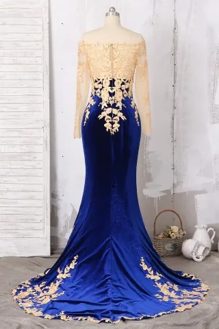 gold lace appliqued royal blue velvet mermaid dress
