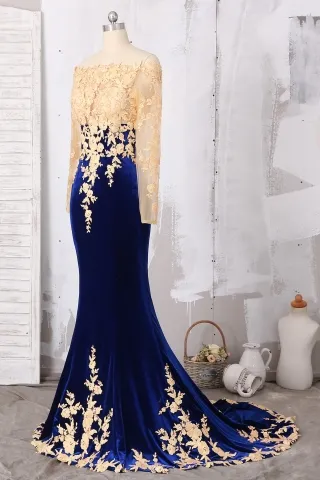 gold lace royal blue velvet mermaid gown