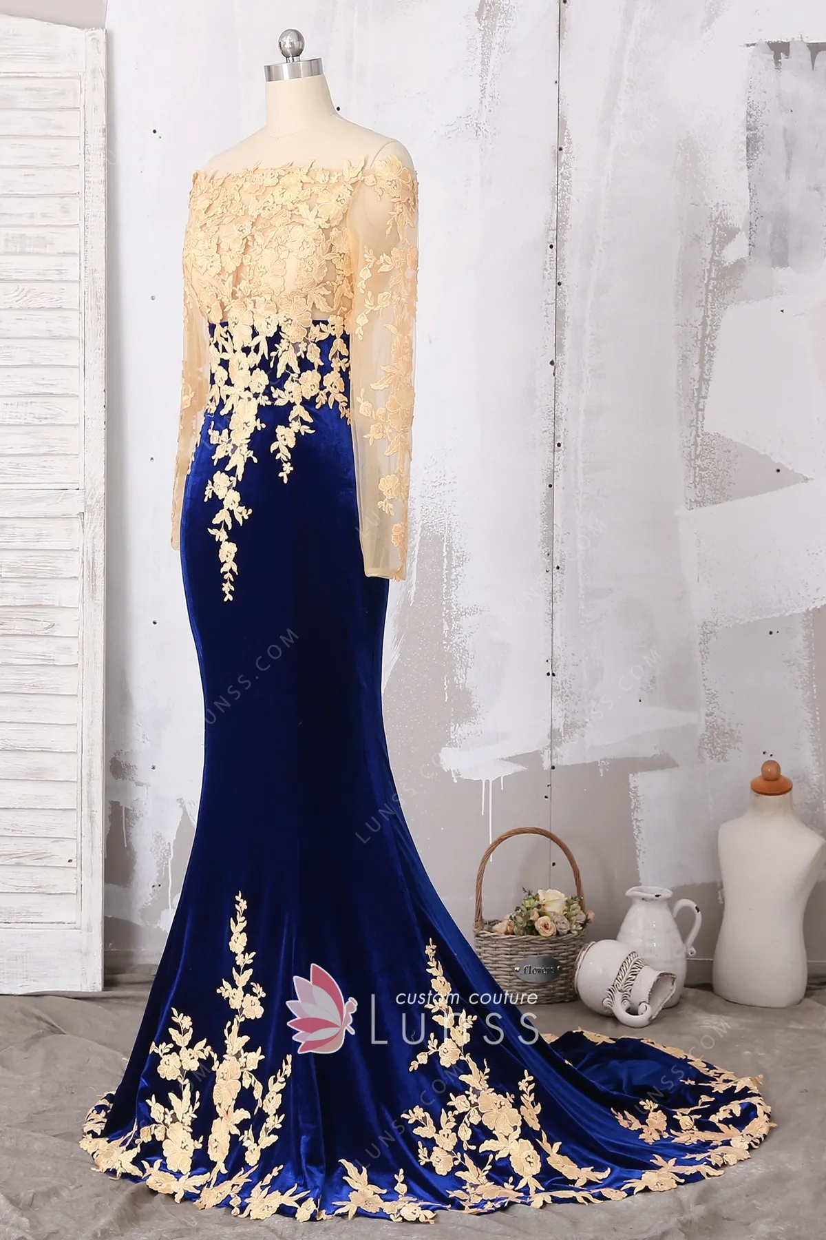 Gold Lace Sheer Sleeve Royal Blue ...