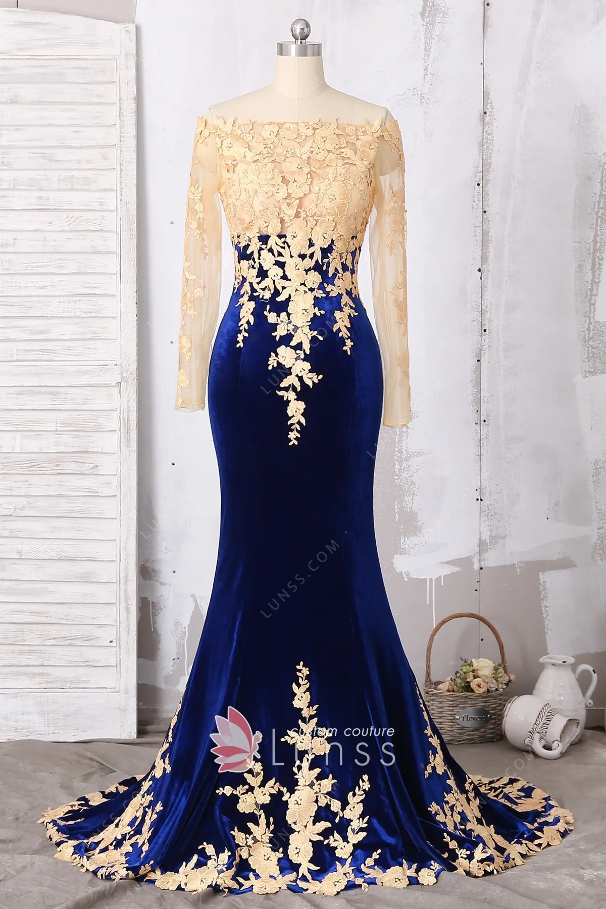 Royal Blue Lace Prom Dress with Pockets