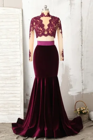 beaded lace sleeved plum velvet two piece prom dress