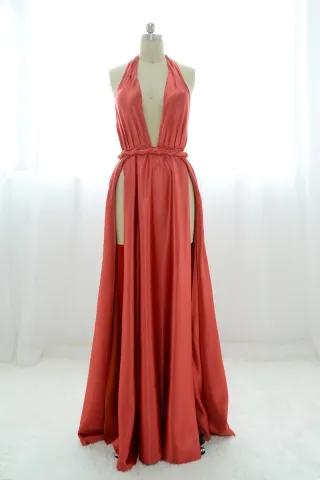 sexy brick red satin double slit plunging neck prom dress