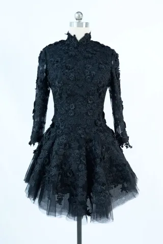 black 3d lace long sleeve short celebrity cocktail dress