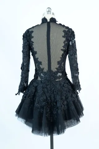 black lace long sleeve illusion back short dress