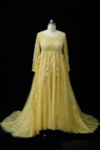 golden yellow lace long sleeve plus size formal dress