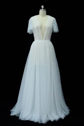 sexy sheer tulle plunging v neck bridal evening dress