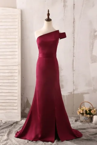 elegant burgundy satin one shoulder mermaid prom dress