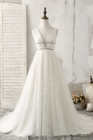 dazzling white glitter mesh plunging neckline prom dress