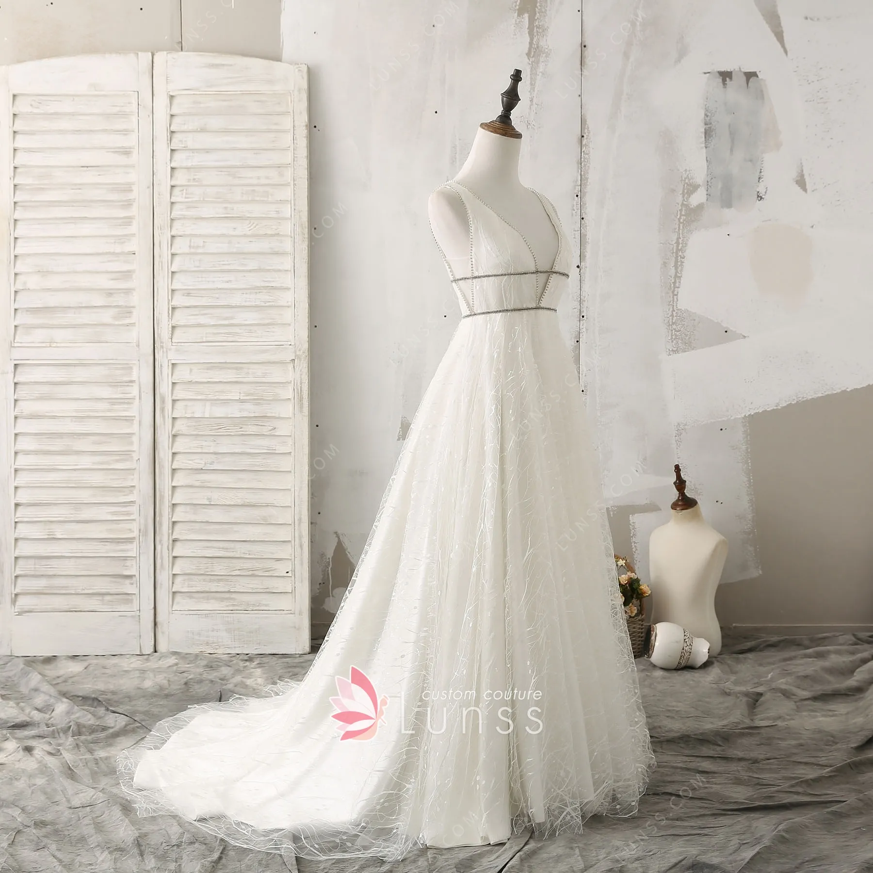 Dazzling White Glitter Mesh Plunging 
