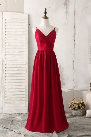 elegant ruby lace and chiffon v neck bridesmaid dress