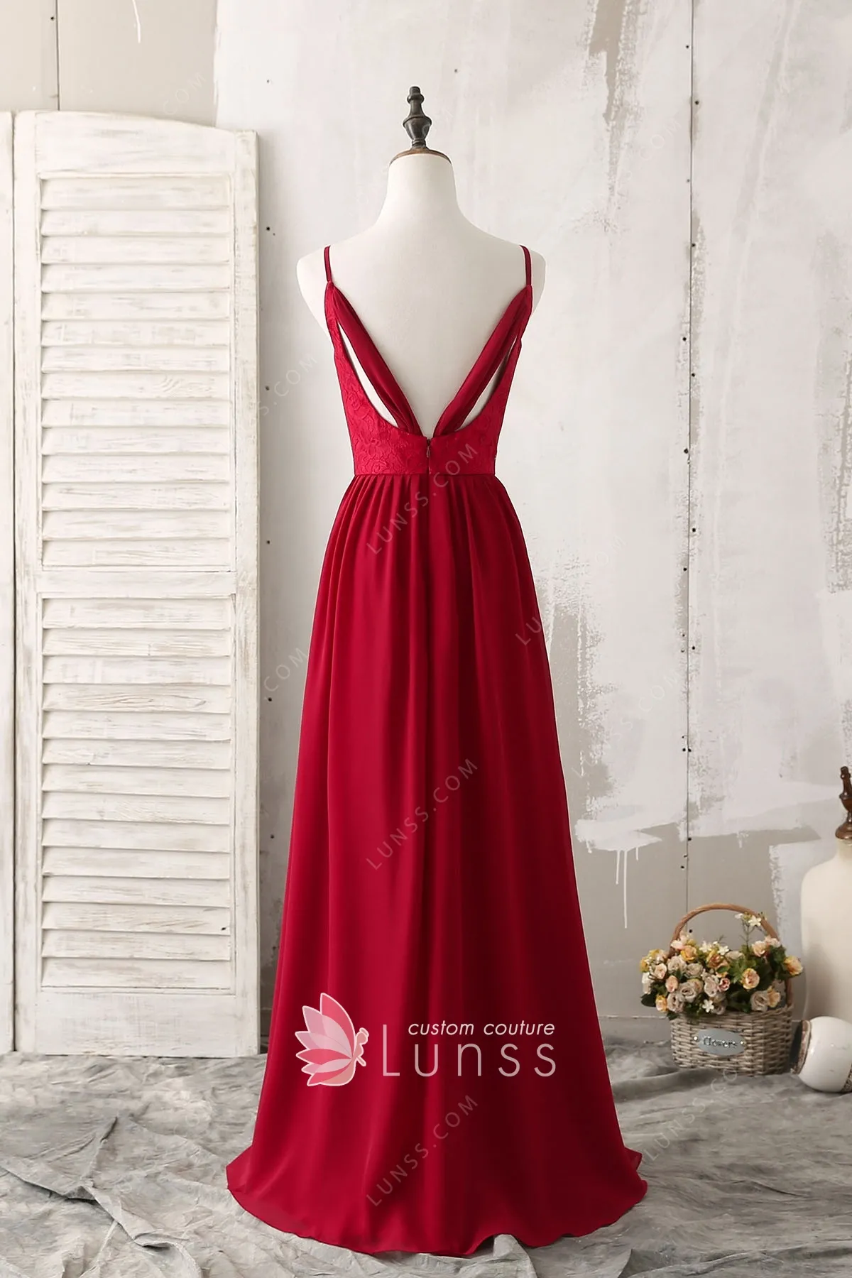 Elegant Lace V-Neck Short Burgundy Chiffon Bridesmaid Dress with Ruffle main image 0