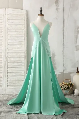 sexy double slits plunging neckline mint satin prom dress