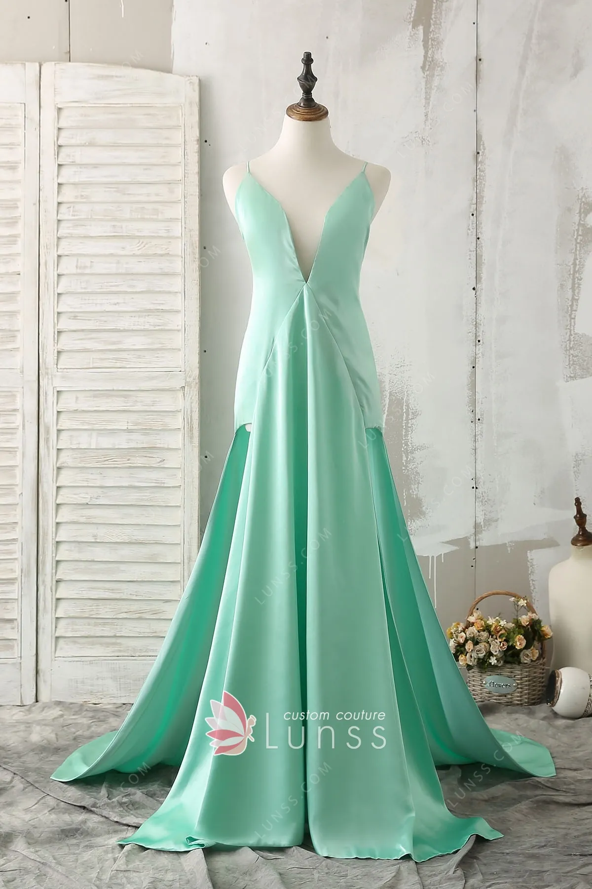 Sexy Double Slits Plunging Neckline Mint Satin Prom Dress - Lunss