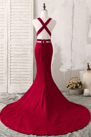criss crossed strap back red long train prom dress