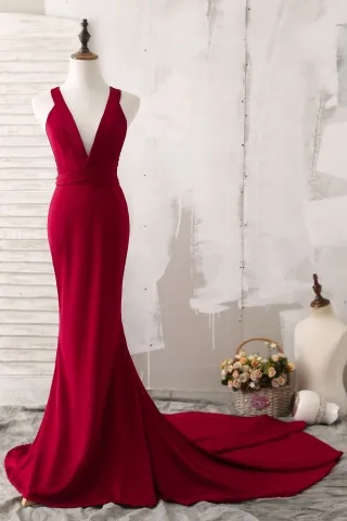 elegant ruby spandex v neck long train mermaid prom dress