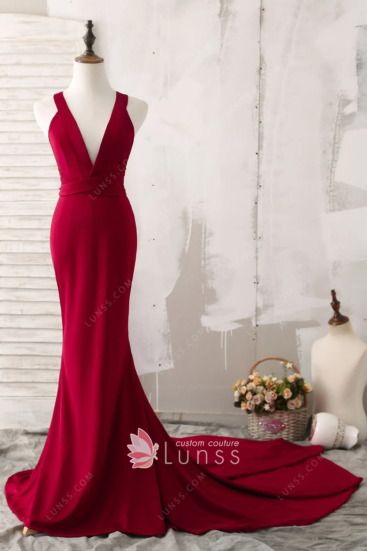 elegant ruby spandex v neck long train mermaid prom dress