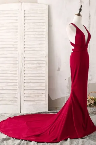 ruby v neck long train mermaid dress