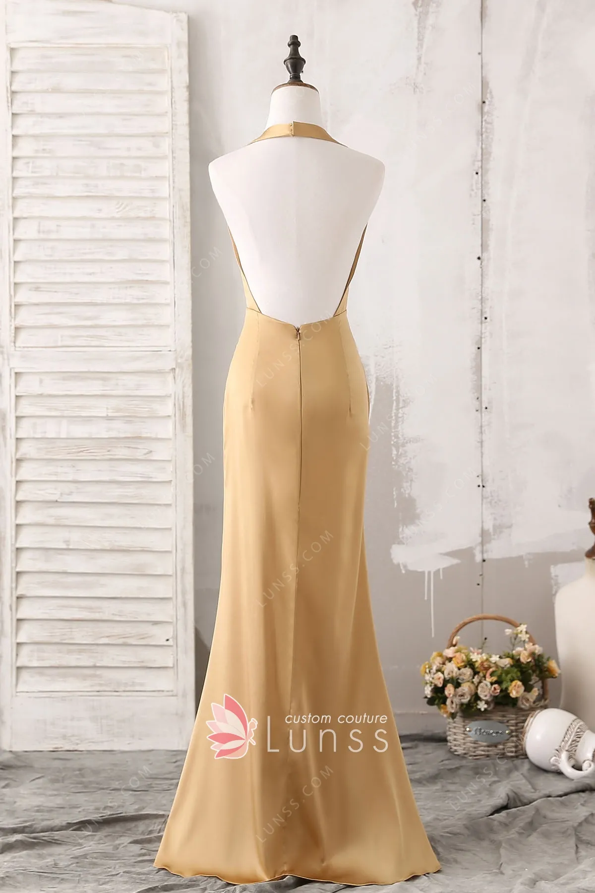 Long Gold Satin Prom Dresses V Neck Off The Shoulder Formal Gowns –  alinanova