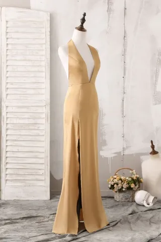 gold silk satin celebrity evening gown