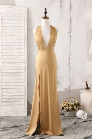 gold silk satin plunging neck slit celebrity evening gown