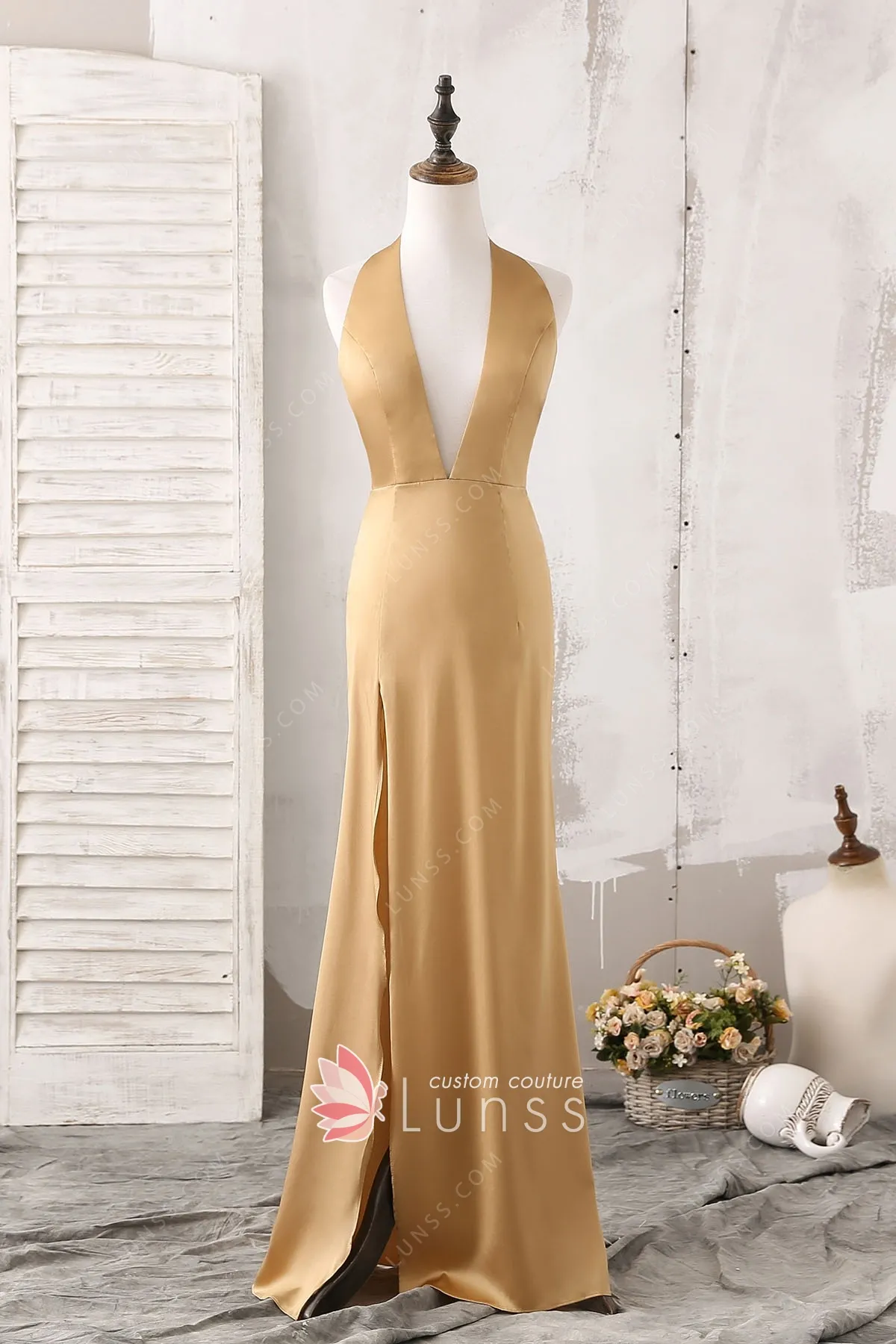 Plus One-Shoulder Satin Evening Gown with Crystal Fringe & Thigh Slit