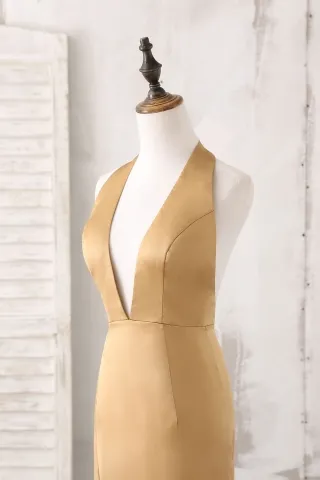 plunging neckline gold silk dress
