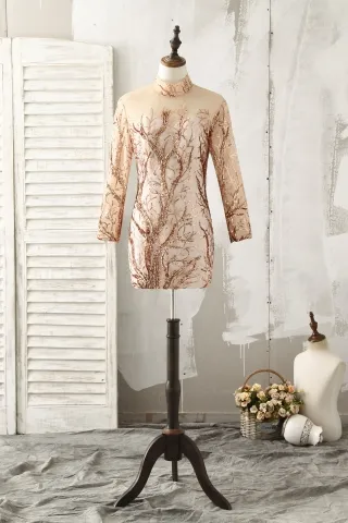 unique gold root sequin long sleeve short prom dress