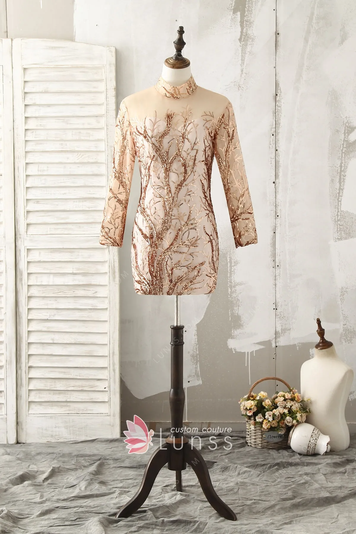 Sequin Long Sleeve Short Prom Dress - Lunss