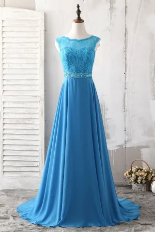 fashion beaded ocean blue lace chiffon bridesmaid dress