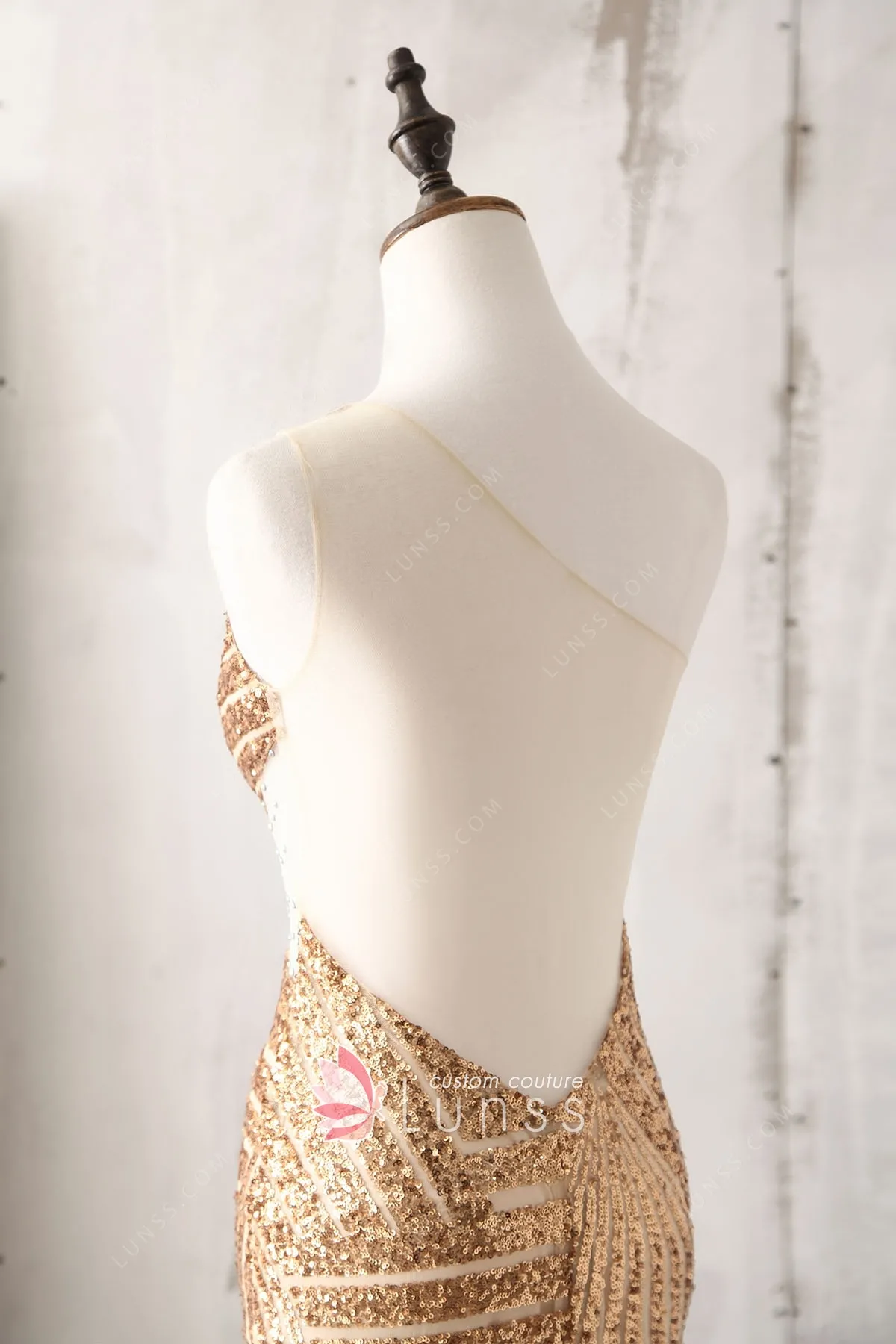 Fasheabe Rose Gold Sequin One Shoulder Maxi Dress