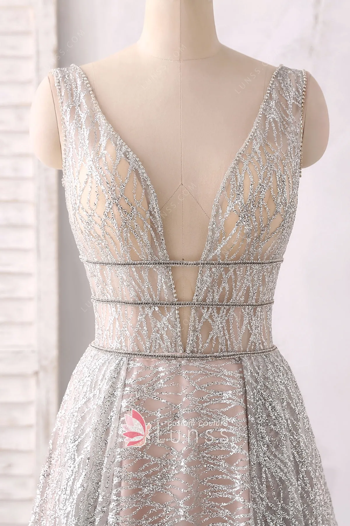 Juliet 201 Plunging V-Neckline Long Glitter Dress A-Line