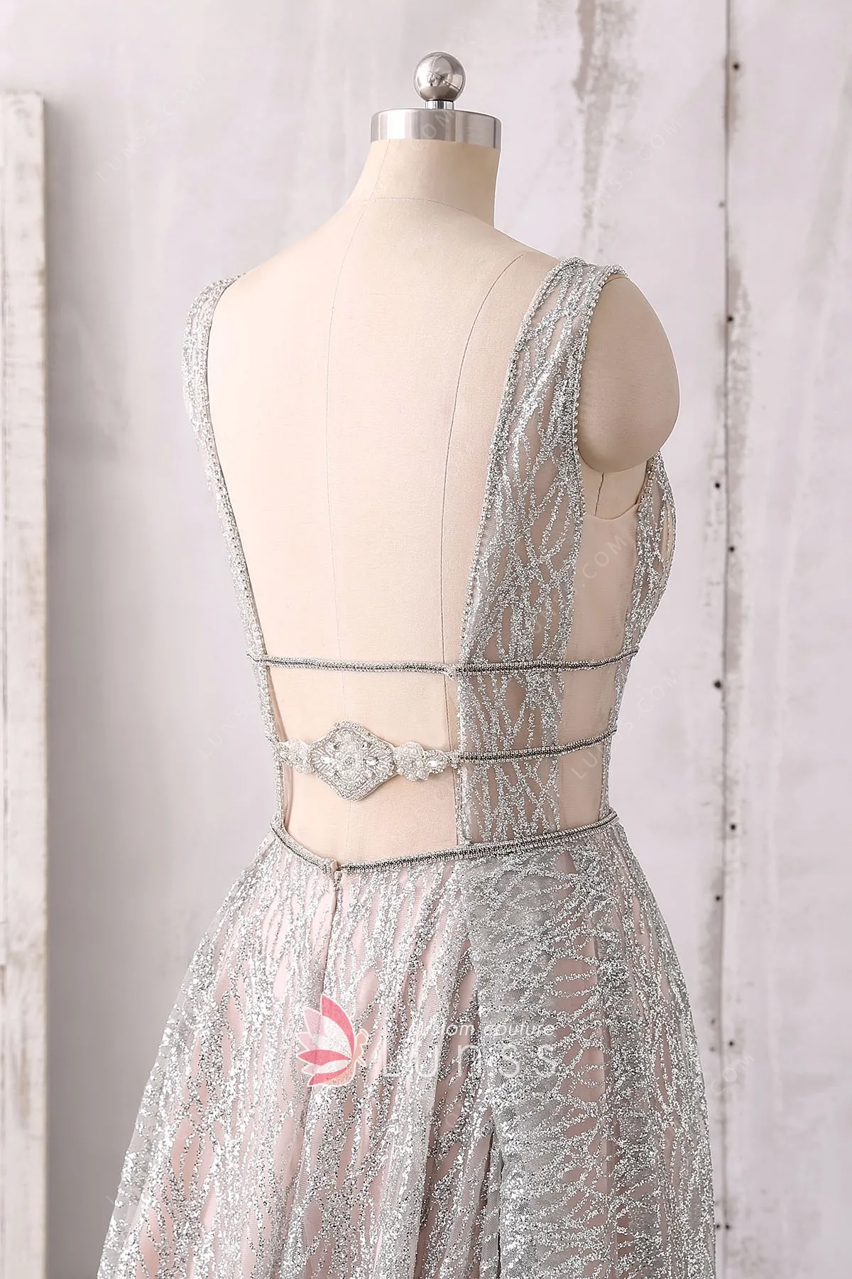 Sparkly Silver Glitter Plunging Neck Designer Prom Dress Lunss